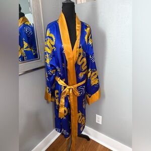 VTG Midnight Velvet Satin Blue & Gold Dragon Kimono 2XL